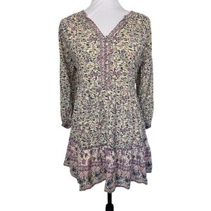 Japna Cream& Purple Floral‎ Long Sleeve Mini Dress Size Medium